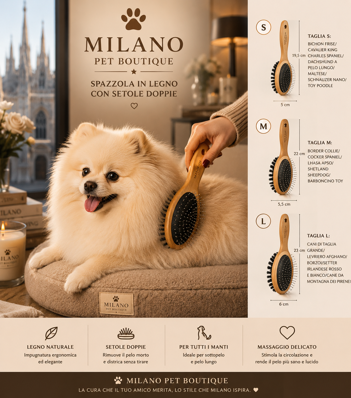 Spazzola Doppia Professionale per Cani in Bambù Naturale | Districante Pelo Lungo e Sottopelo