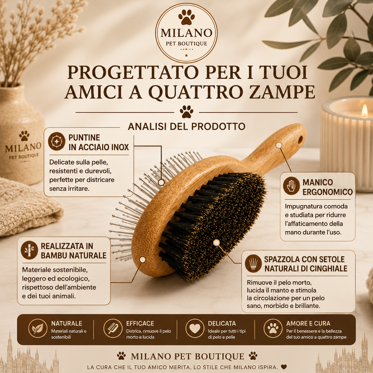 Spazzola Doppia Professionale per Cani in Bambù Naturale | Districante Pelo Lungo e Sottopelo