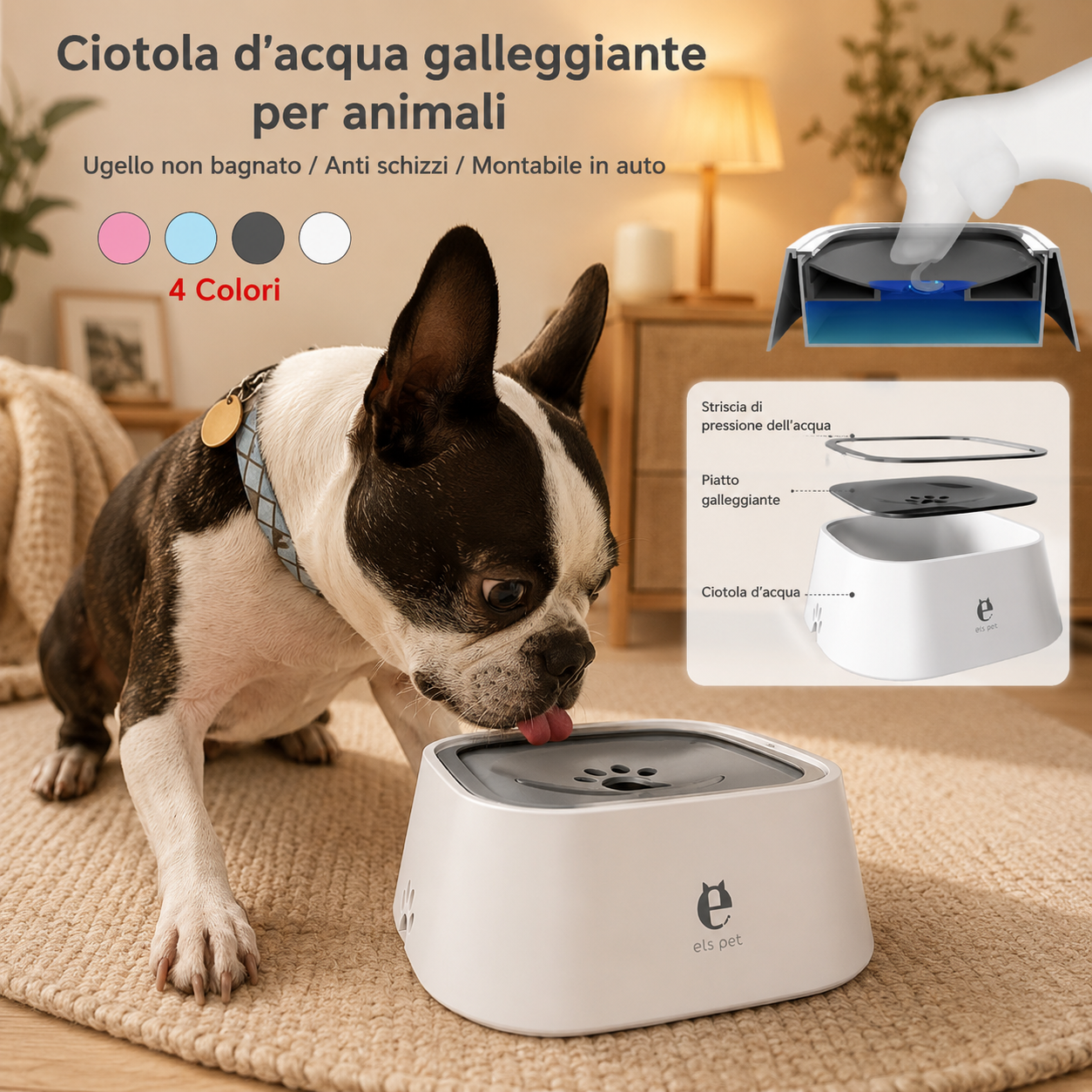 Ciotola Anti Schizzo per Cani 1L – Dispenser Acqua Anti Rovesciamento con Galleggiante