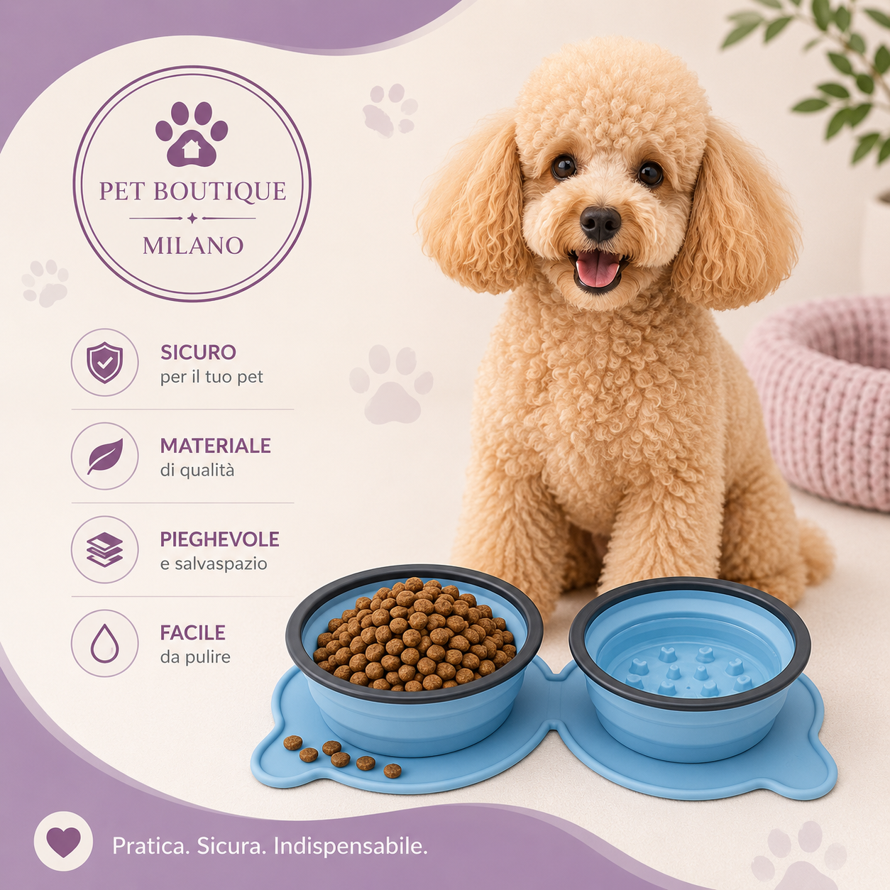 Ciotola Doppia Pieghevole da Viaggio per Cani – Silicone Antiscivolo Compatta