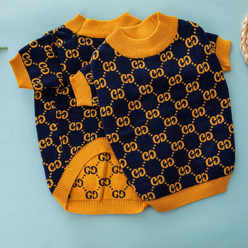 Maglione per cani  con monogramma GG oro e blu navy