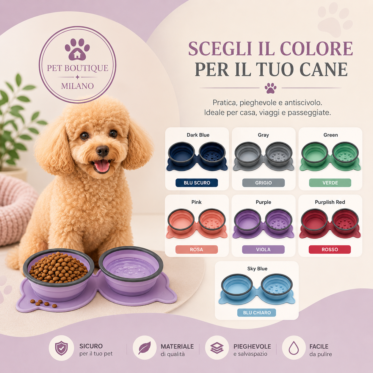 Ciotola Doppia Pieghevole da Viaggio per Cani – Silicone Antiscivolo Compatta