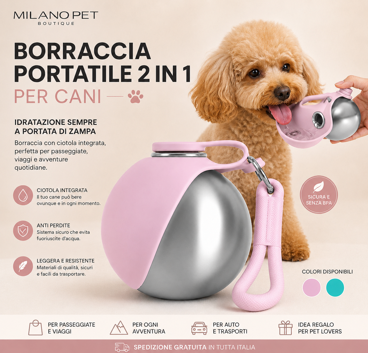 Borraccia Portatile 2in1 per Cani con Ciotola – Ideale per Passeggiate e Viaggi