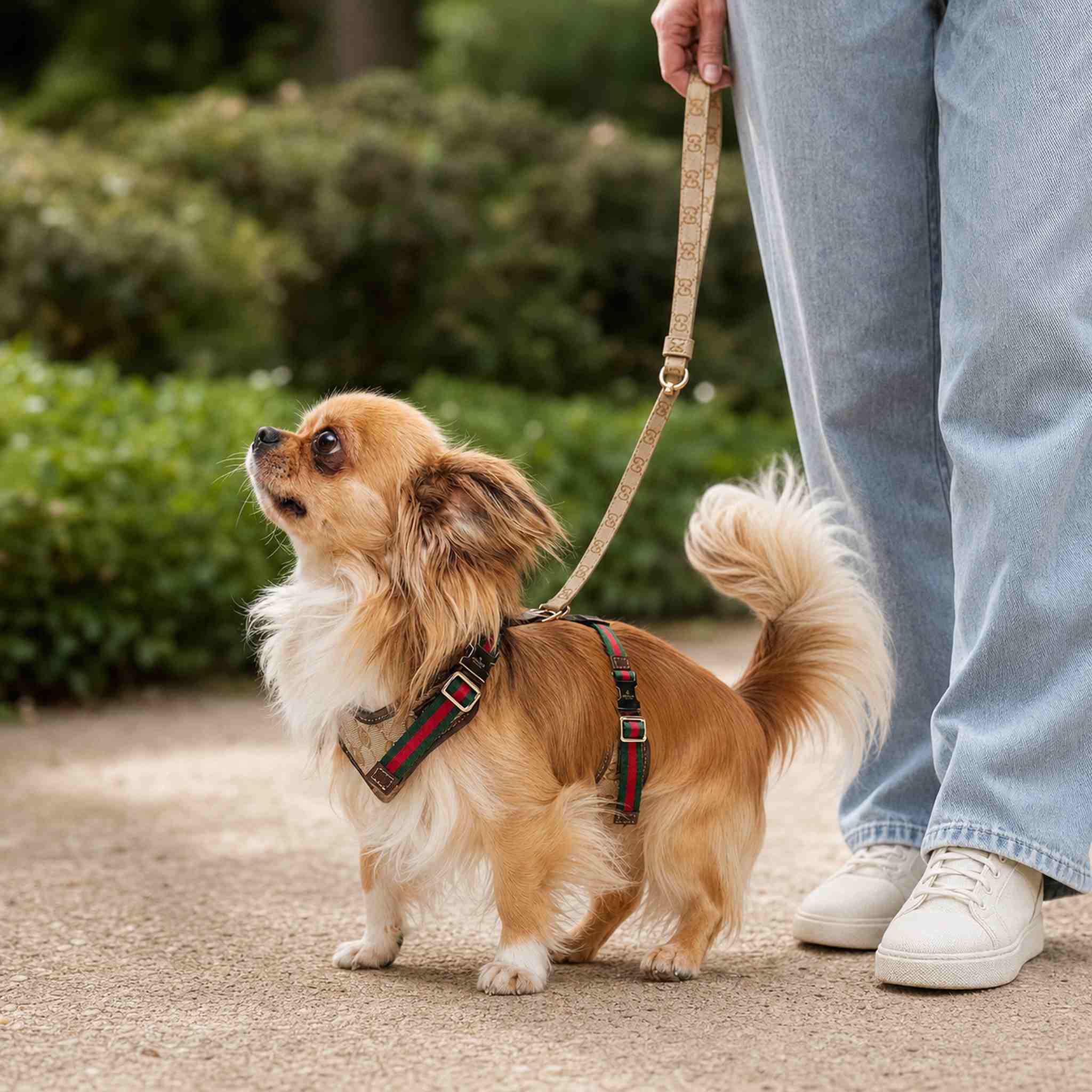 Set Pettorina e Guinzaglio per cani  beige con motivo a righe GG Web.