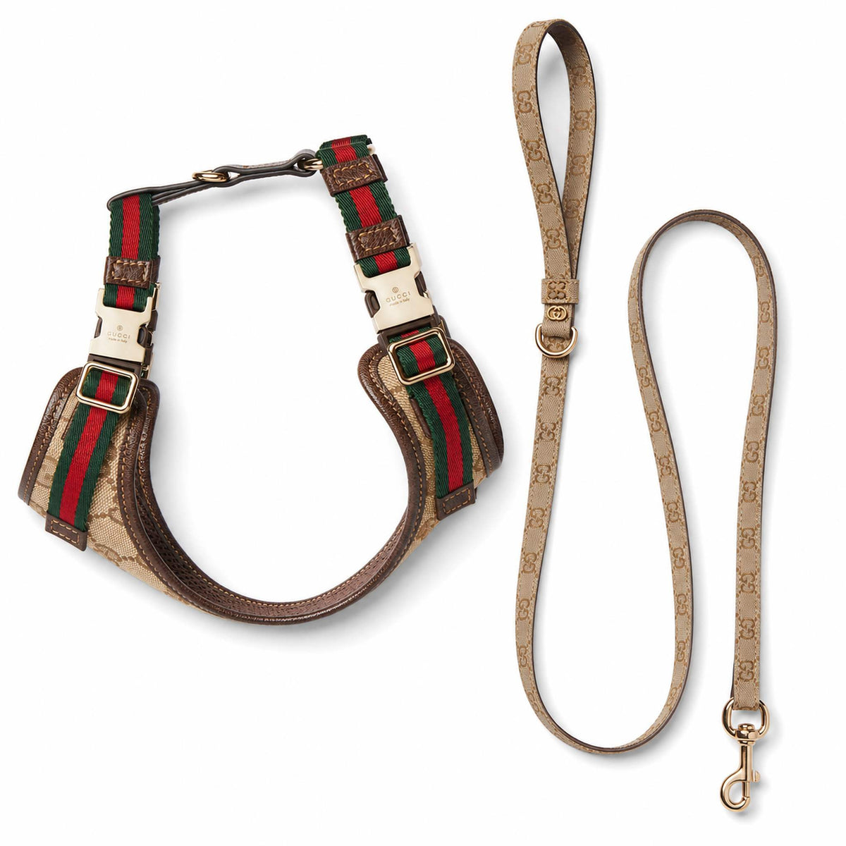 Set Pettorina e Guinzaglio per cani  beige con motivo a righe GG Web.