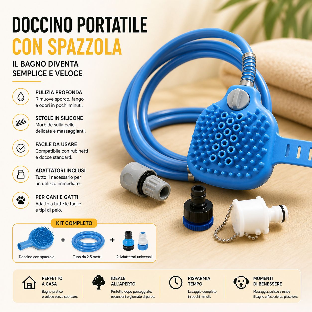 Doccino Portatile per Cani con Spazzola Integrata