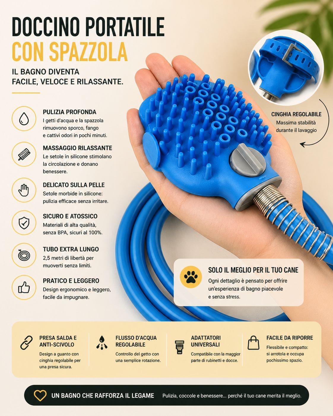 Doccino Portatile per Cani con Spazzola Integrata