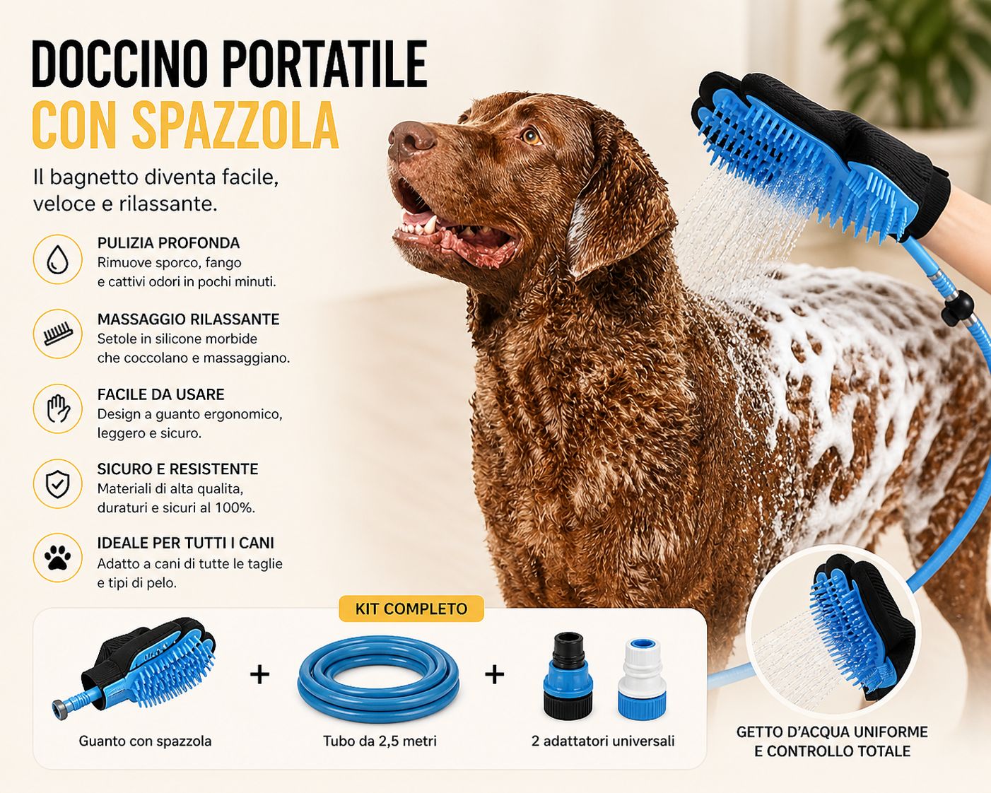 Doccino Portatile per Cani con Guanto Massaggiante – Kit Completo con Tubo 2,5m e Adattatori