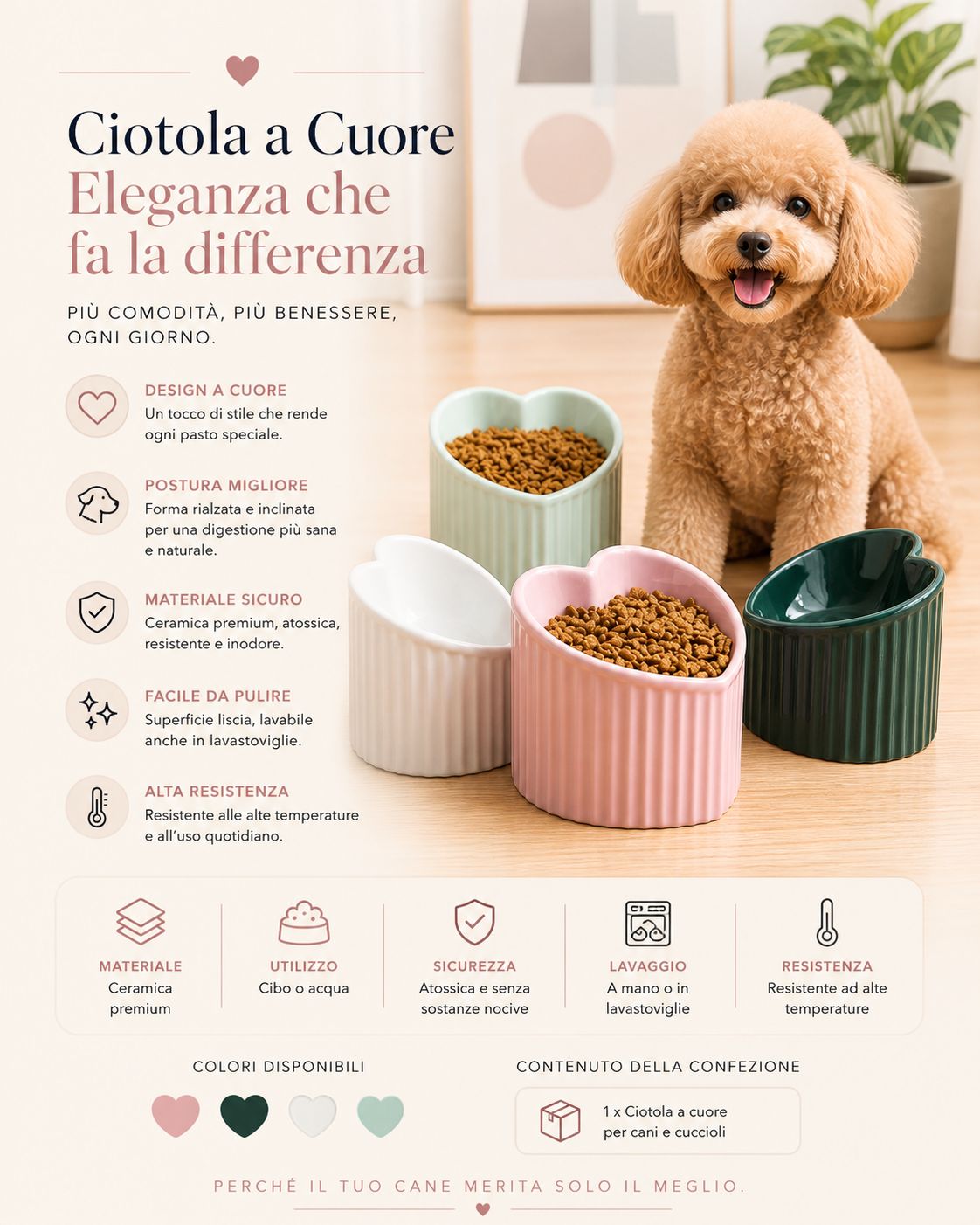 Ciotola a Cuore in Ceramica per Cane – Design Elegante & Anti-Rigurgito