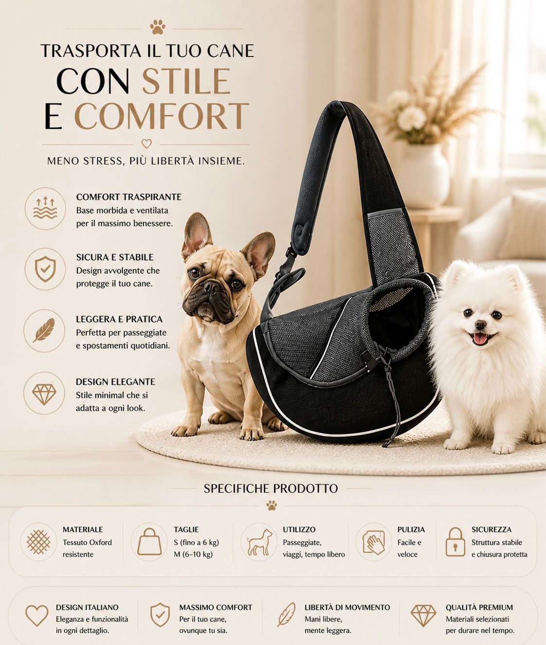Borsa Trasporto Cane Tracolla – Comoda, Traspirante e Sicura per Passeggiate e Viaggi