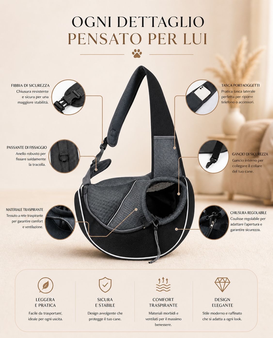 Borsa Trasporto Cane Tracolla – Comoda, Traspirante e Sicura per Passeggiate e Viaggi