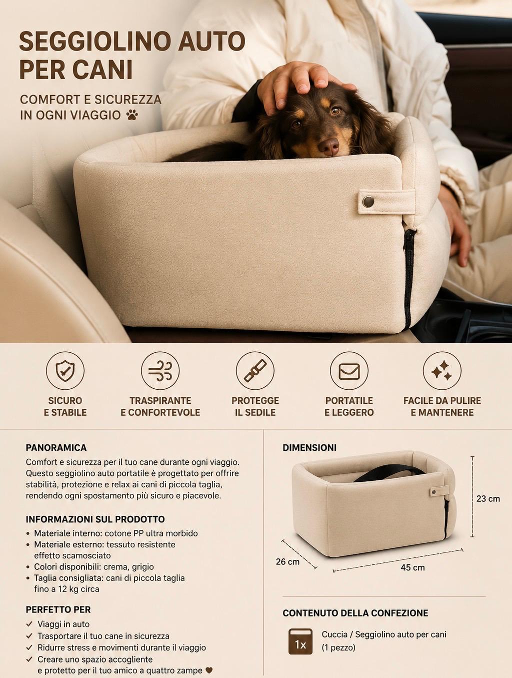 Seggiolino Auto per Cani di Piccola Taglia – Cuccia Portatile da Viaggio Comfort & Sicurezza