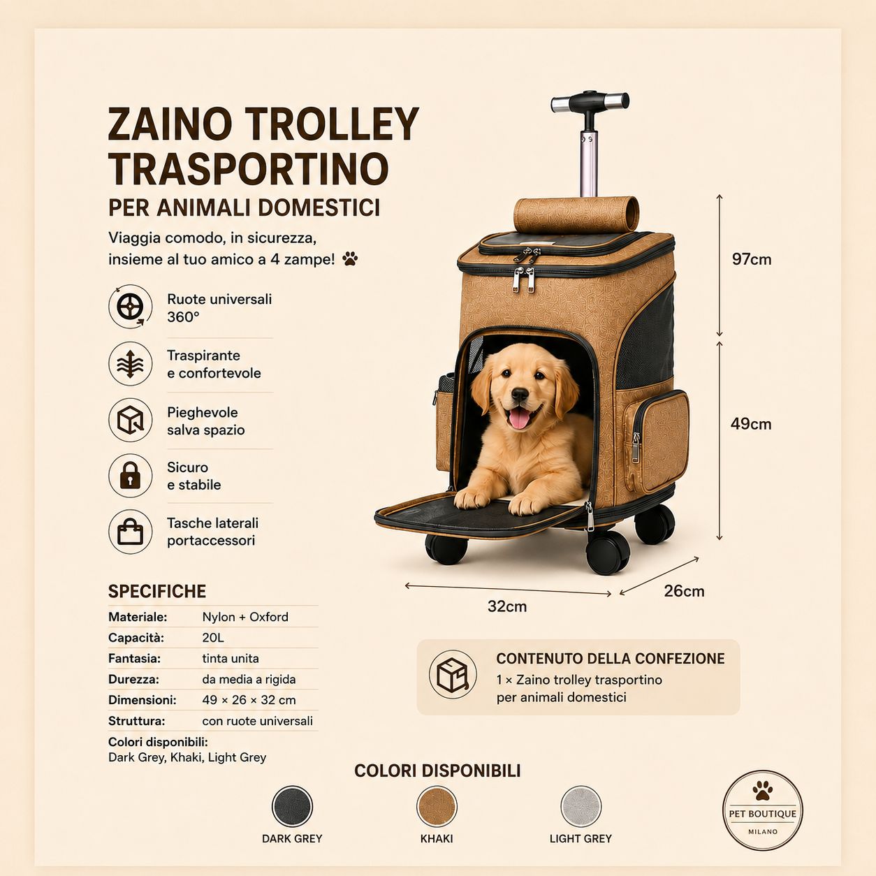 Trolley Trasportino per Cani con Ruote – Borsa Viaggio Premium
