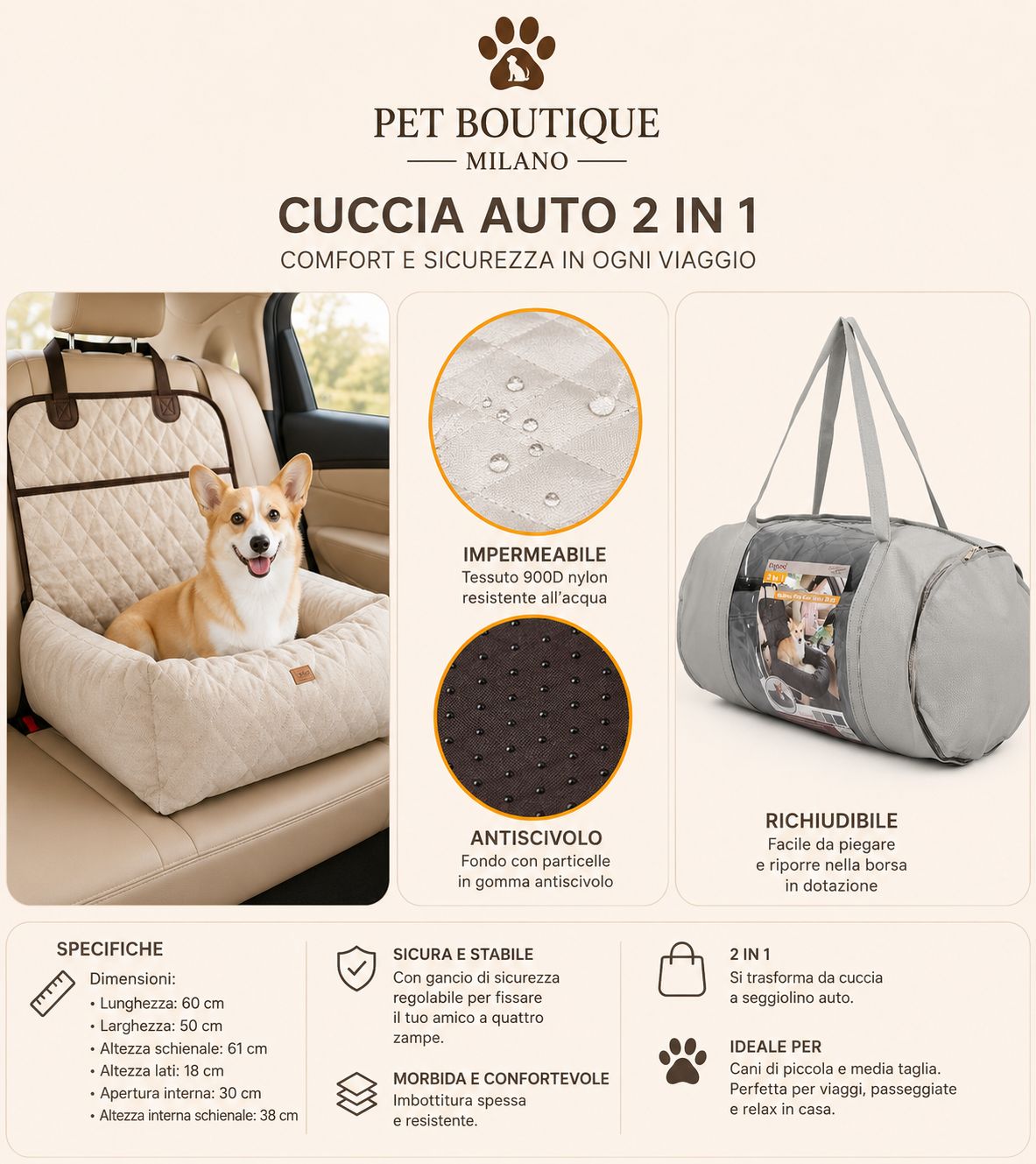 Cuccia Auto per Cani 2 in 1 – Trasportino Pieghevole Imbottito, Impermeabile e Sfoderabile
