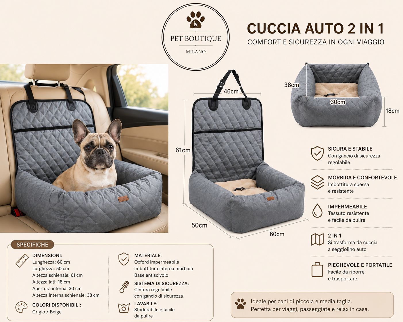 Cuccia Auto per Cani 2 in 1 – Trasportino Pieghevole Imbottito, Impermeabile e Sfoderabile