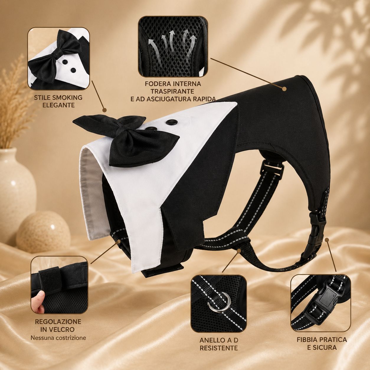 Pettorina Elegante Smoking con Papillon per Cani – Set con Guinzaglio Coordinato