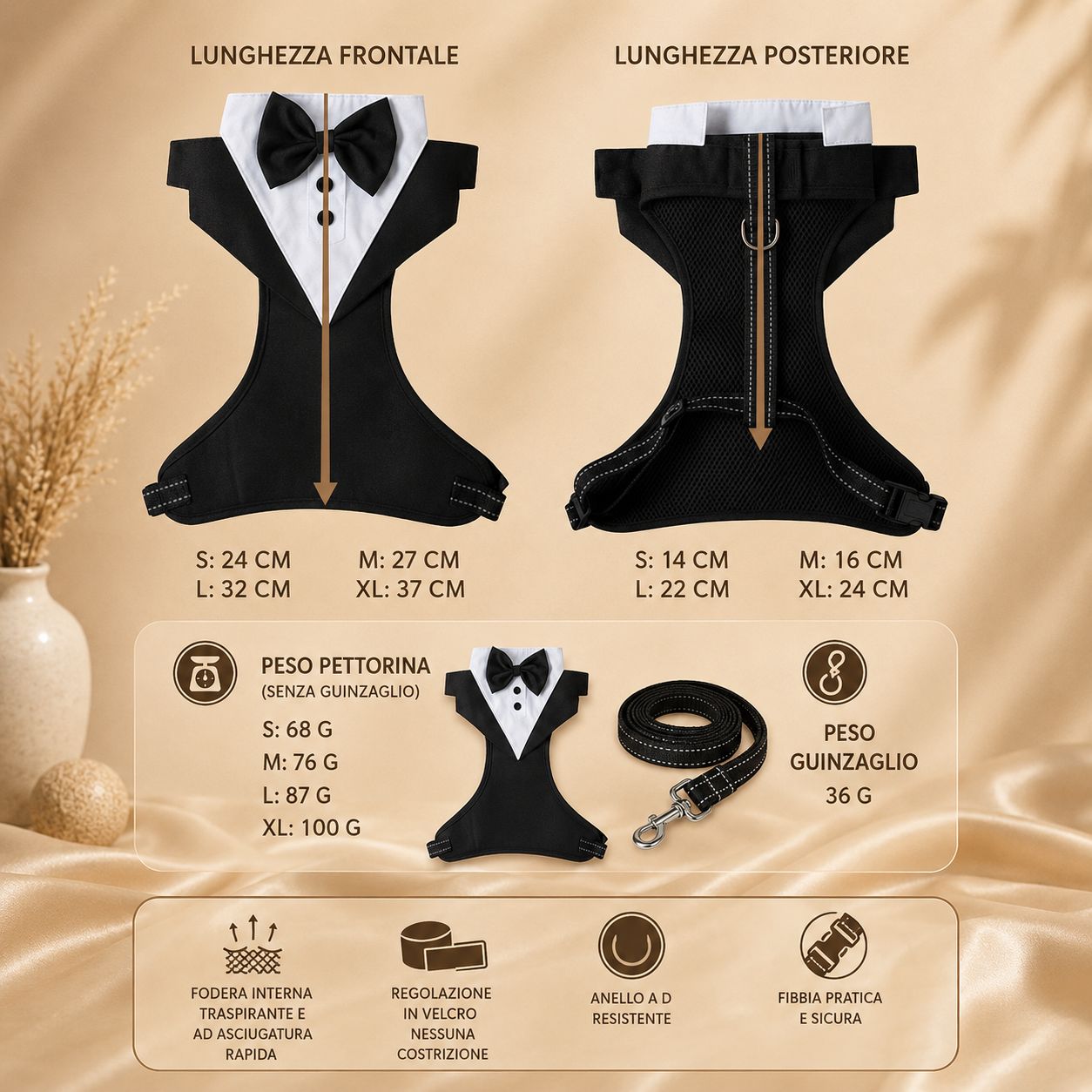 Pettorina Elegante Smoking con Papillon per Cani – Set con Guinzaglio Coordinato