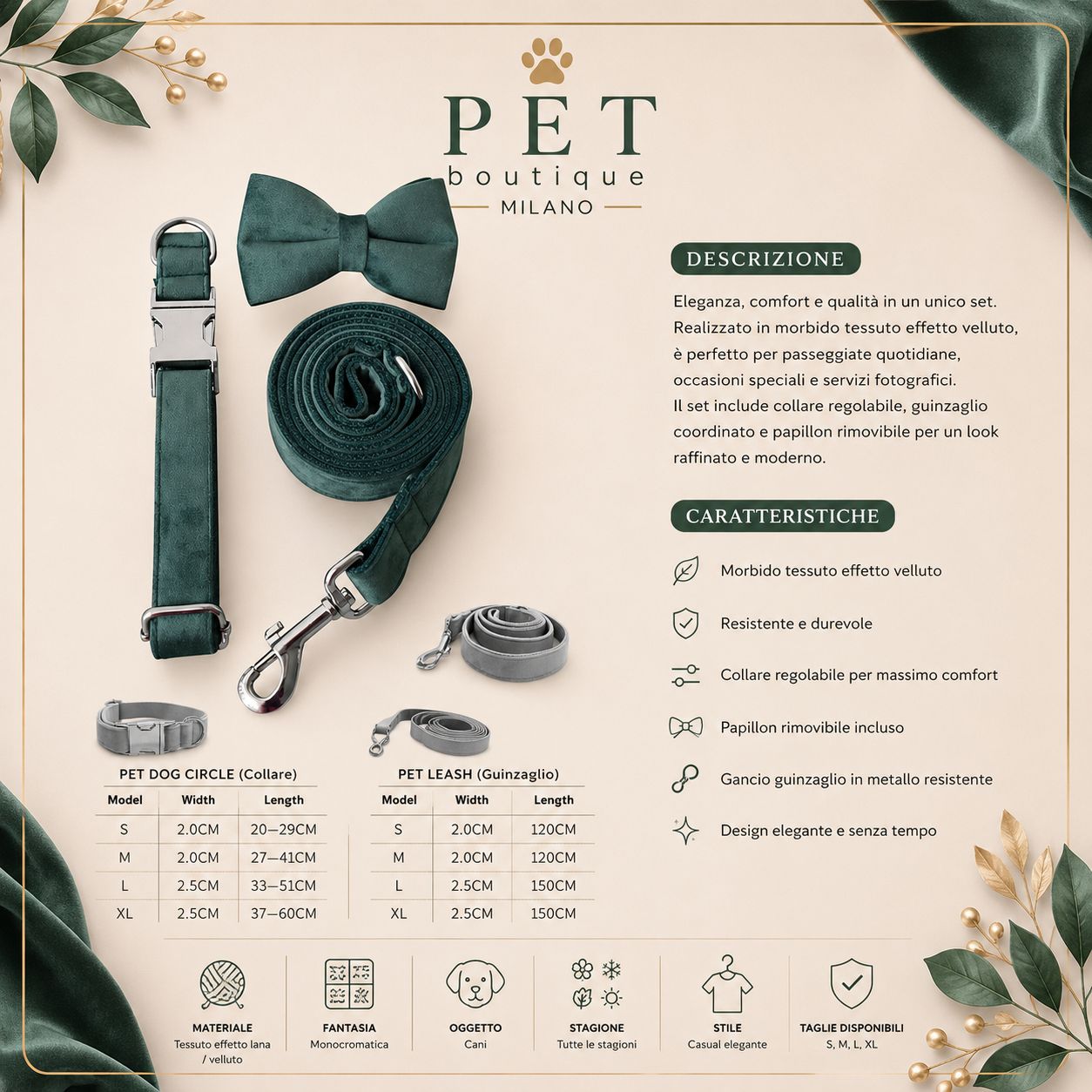 Collare e Guinzaglio Velvet Luxury per Cani – Eleganza Morbida con Dettagli Premium