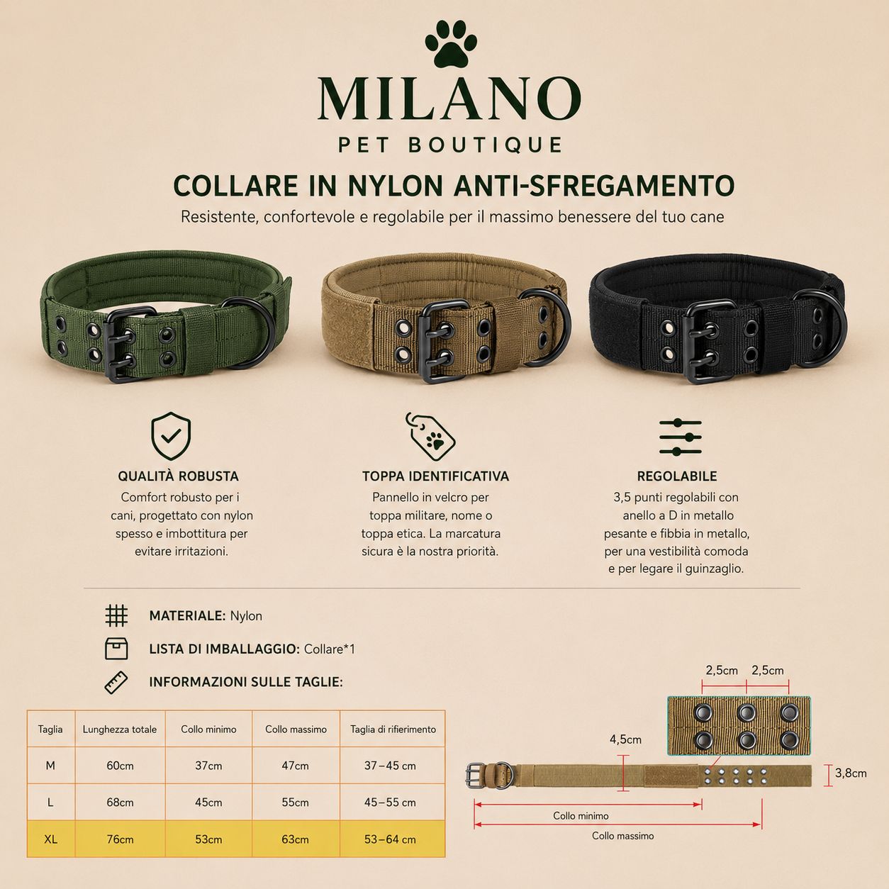 Collare Tattico per Cani in Nylon Imbottito Regolabile Anti Sfregamento con Fibbia in Metallo