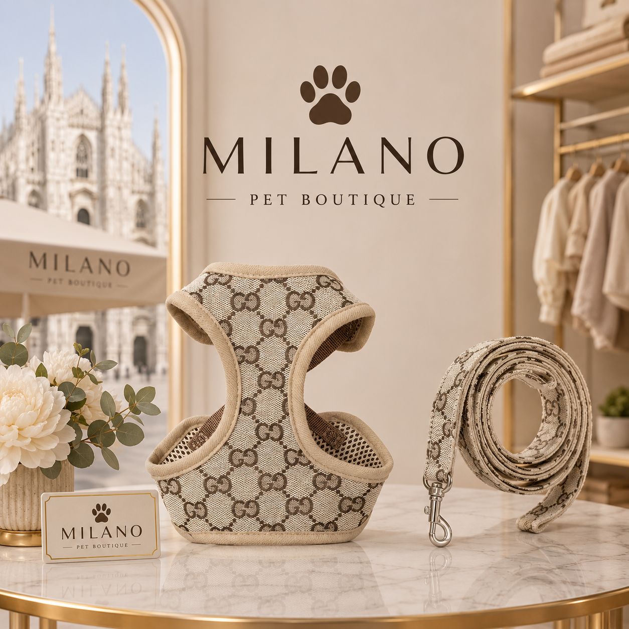 Pettorina Luxury Beige con Guinzaglio Coordinato per Cani di Piccola Taglia