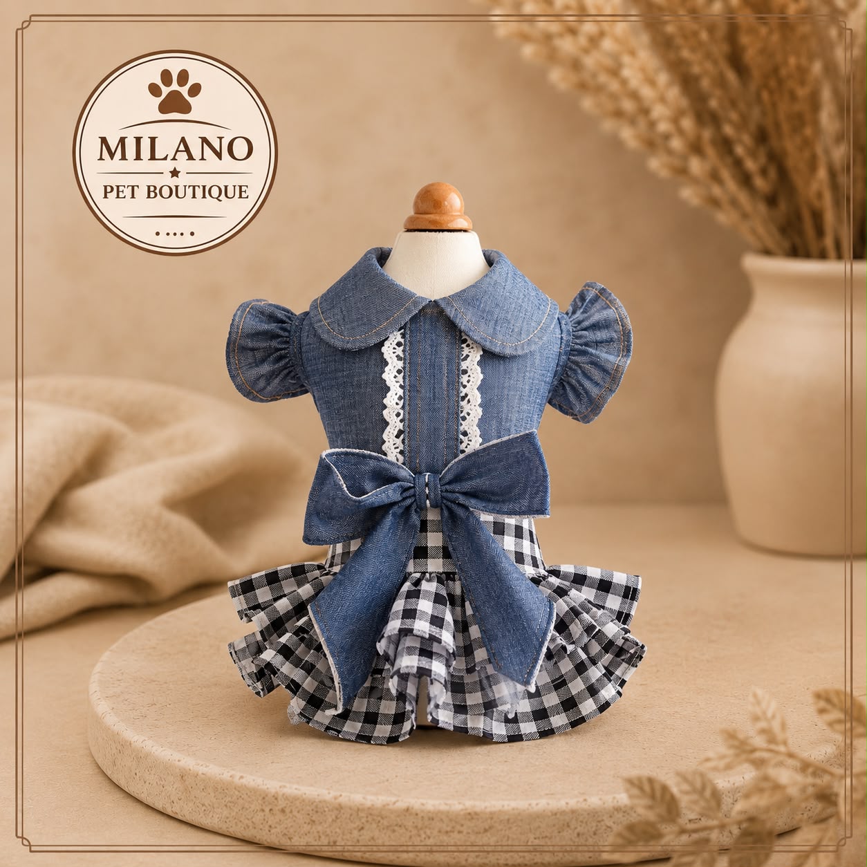 Vestitino Elegance Denim per Cani – Abito Estivo con Fiocco e Gonna a Quadri