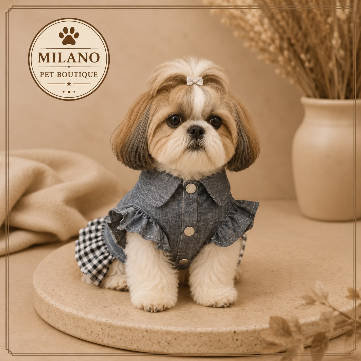 Vestitino Elegance Denim per Cani – Abito Estivo con Fiocco e Gonna a Quadri