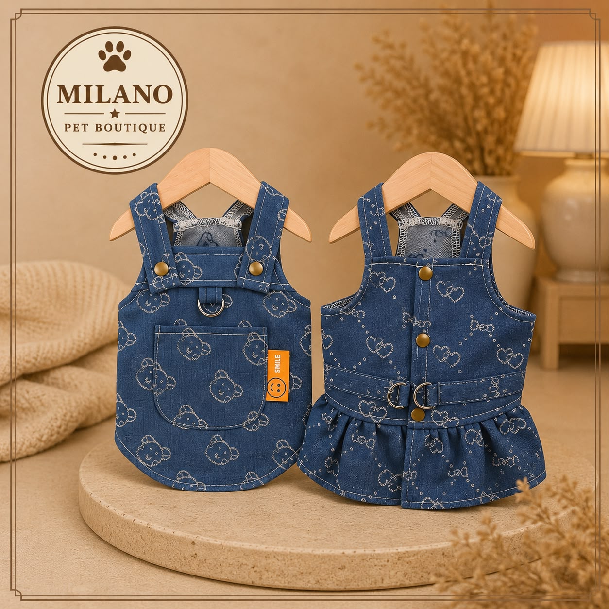 Vestito Jeans Elegante per Cani con Bretelle e Gonna in Denim