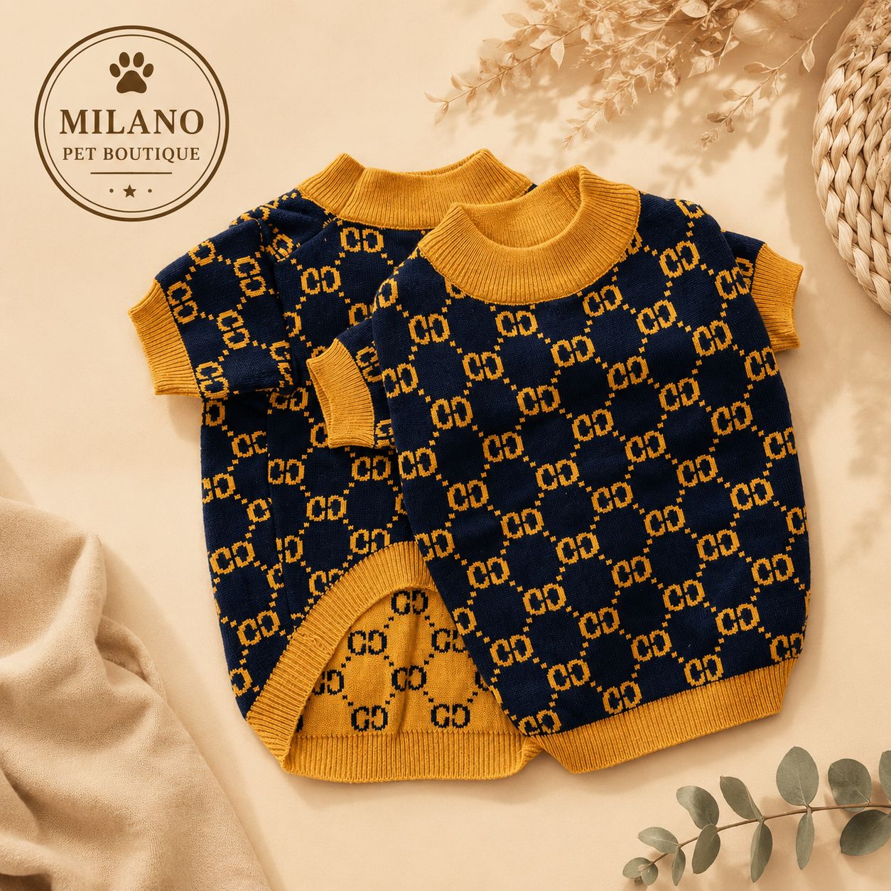 Maglioncino Luxury Blu & Gold per Cani – Maglia Elegante Calda