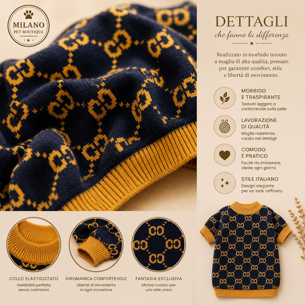 Maglioncino Luxury Blu & Gold per Cani – Maglia Elegante Calda