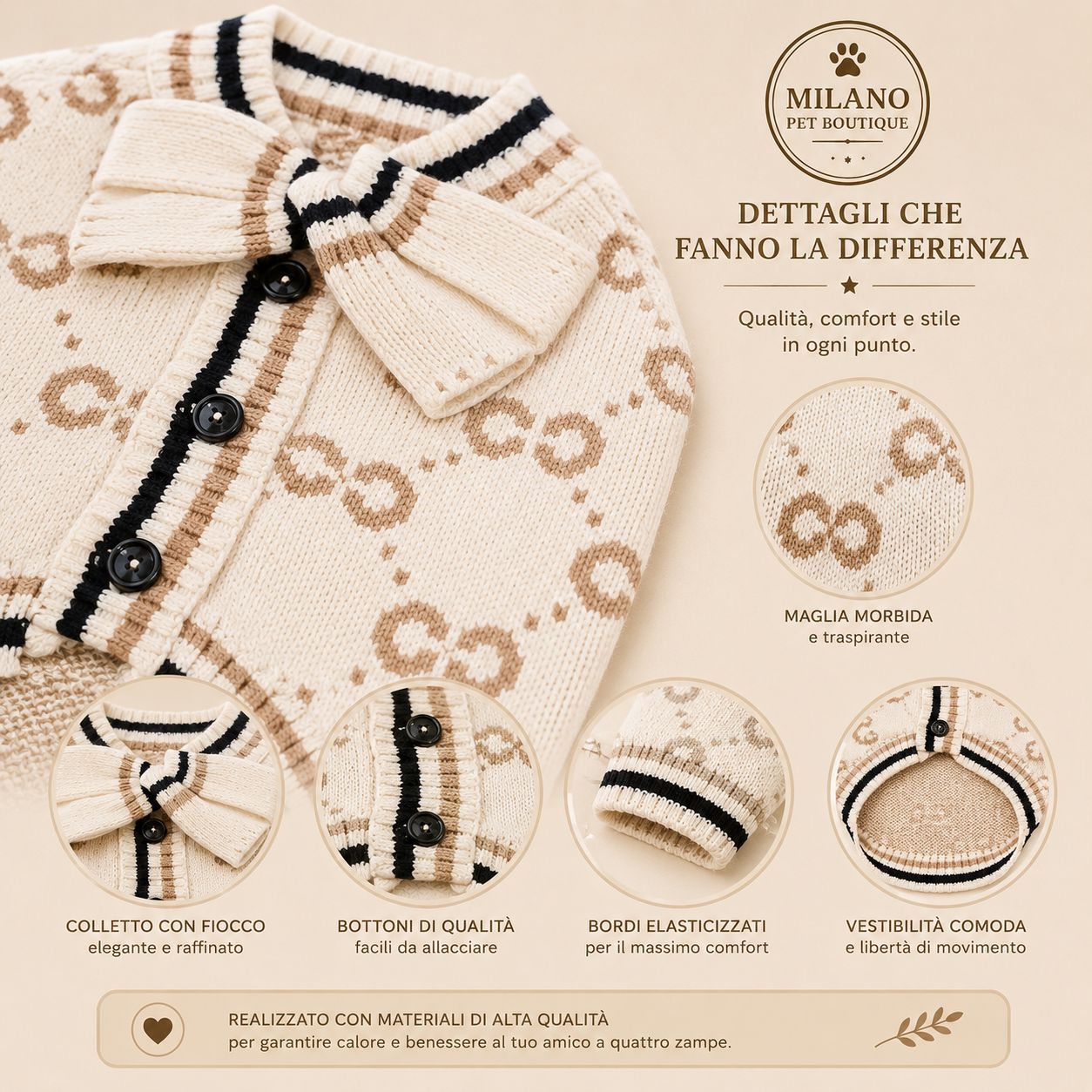 Maglioncino Elegance Bow per Cani – Cardigan Morbido con Fiocco Beige