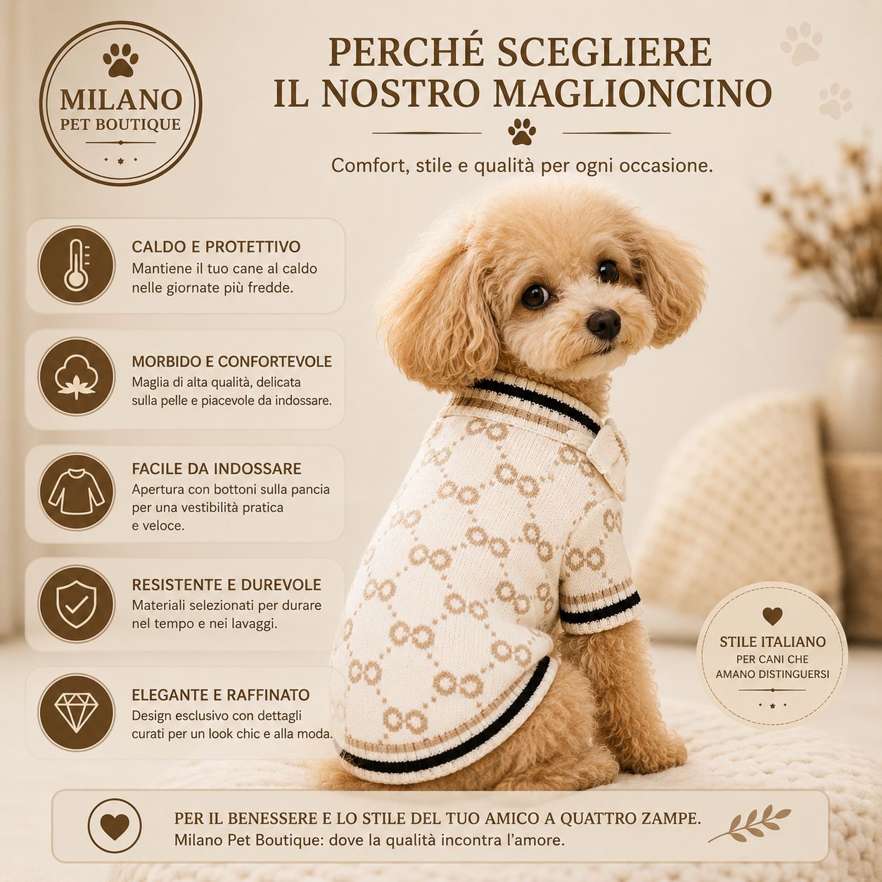 Maglioncino Elegance Bow per Cani – Cardigan Morbido con Fiocco Beige