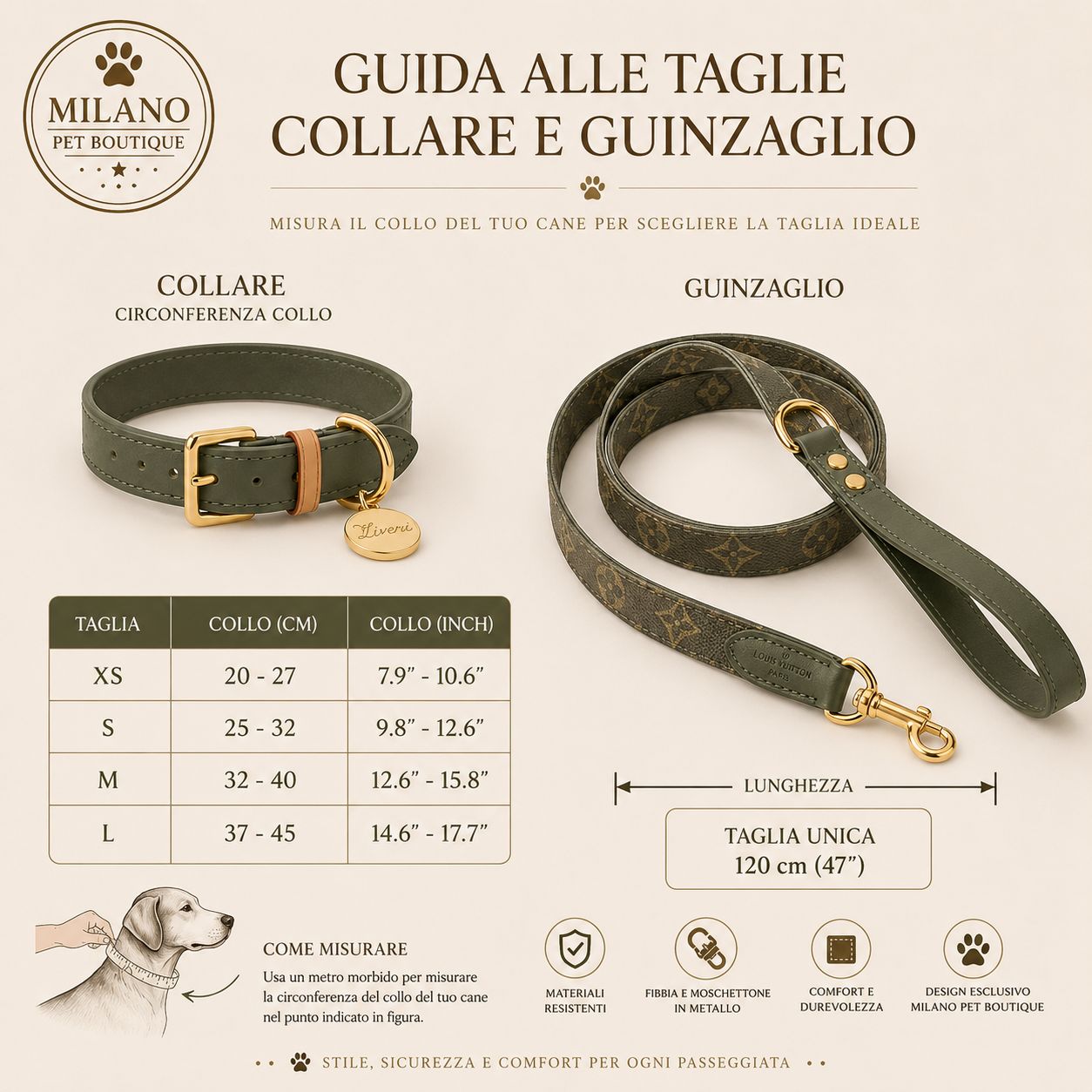 Set Collare e Guinzaglio LV Elegance per Cani | Milano PET Boutique