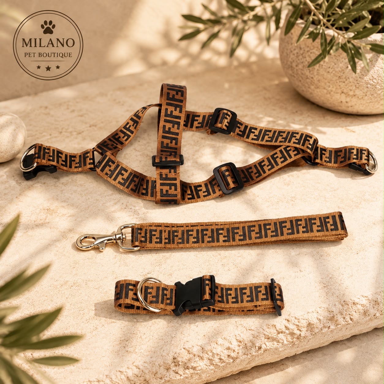 Set FF Monogram Luxury per Cani – Pettorina, Collare e Guinzaglio Coordinati