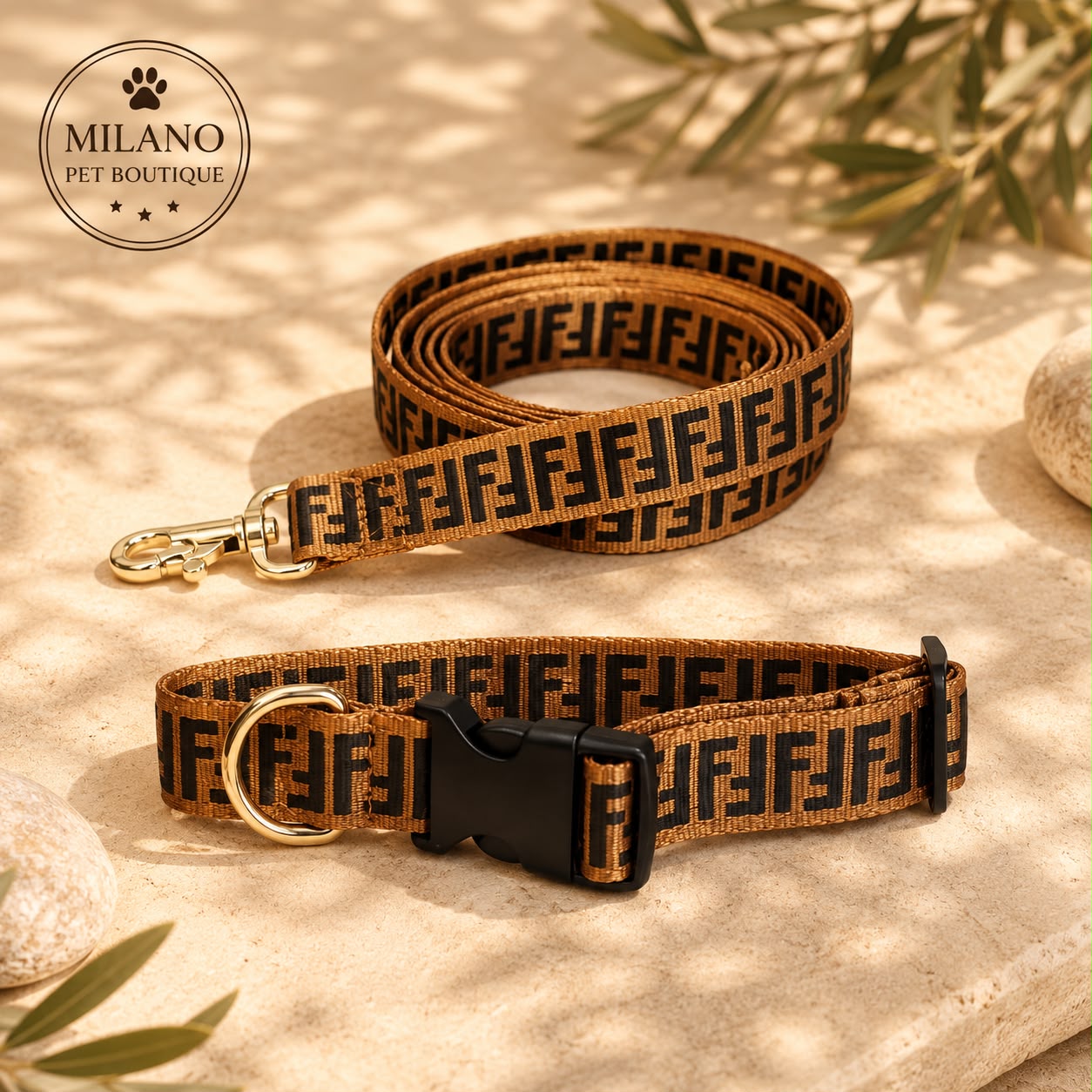 Set FF Monogram Luxury per Cani – Pettorina, Collare e Guinzaglio Coordinati