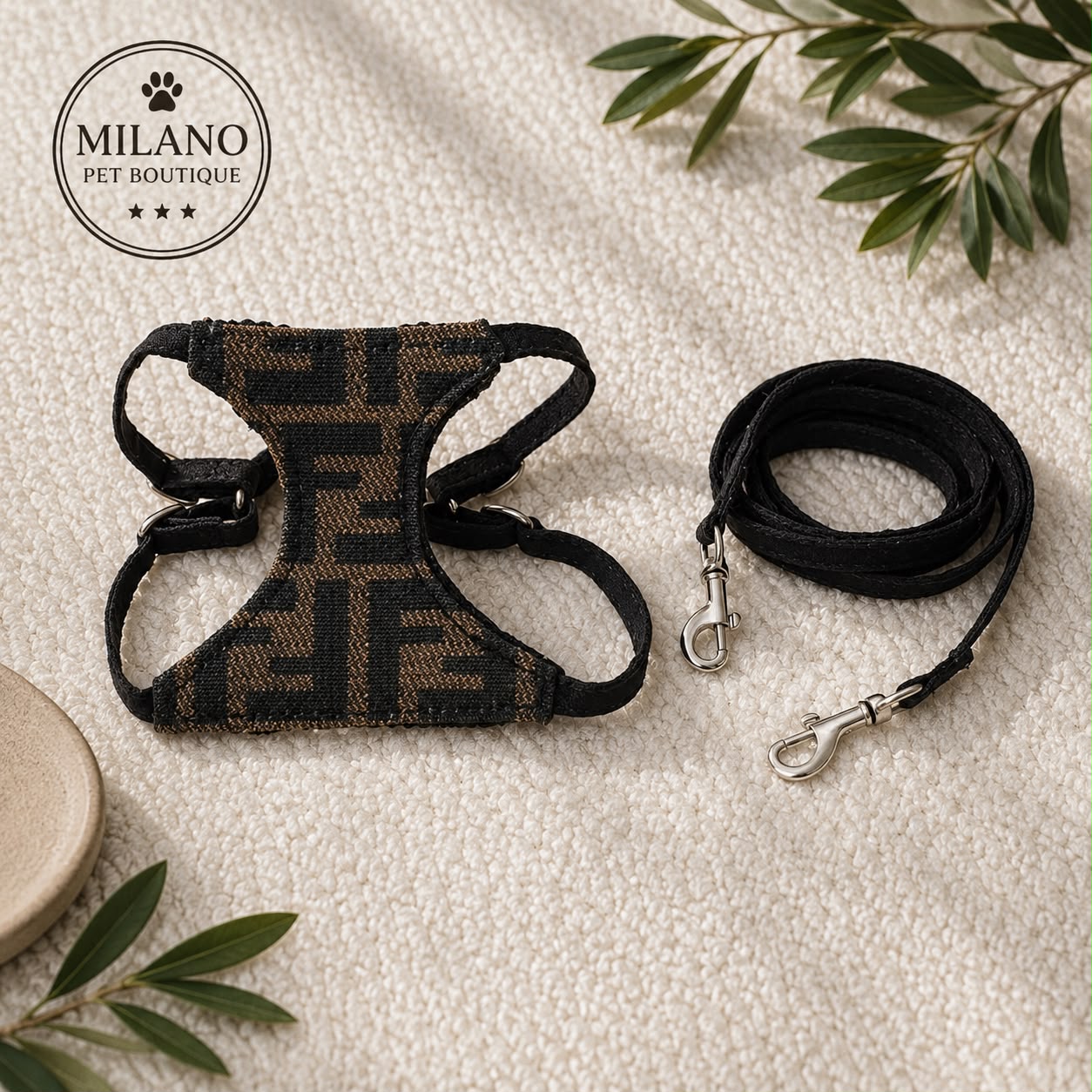 Pettorina FF Monogram Premium con Guinzaglio Coordinato per Cani di Piccola Taglia