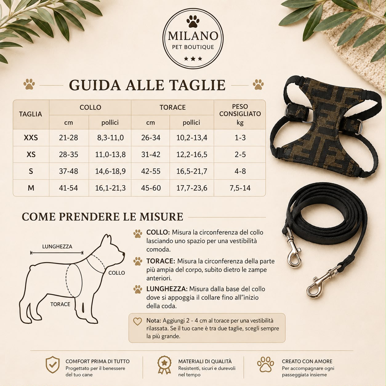 Pettorina FF Monogram Premium con Guinzaglio Coordinato per Cani di Piccola Taglia