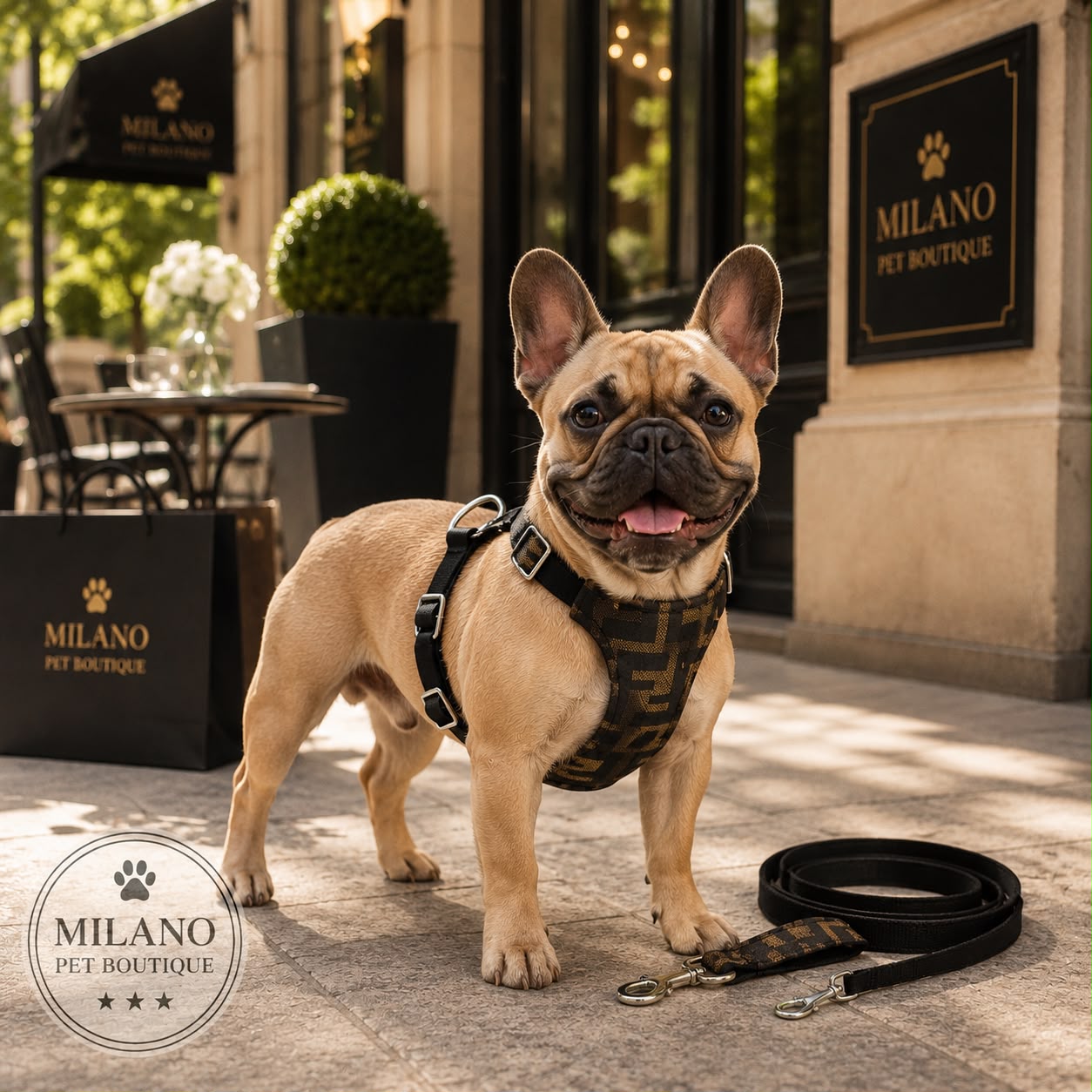 Pettorina FF Monogram Premium con Guinzaglio Coordinato per Cani di Piccola Taglia