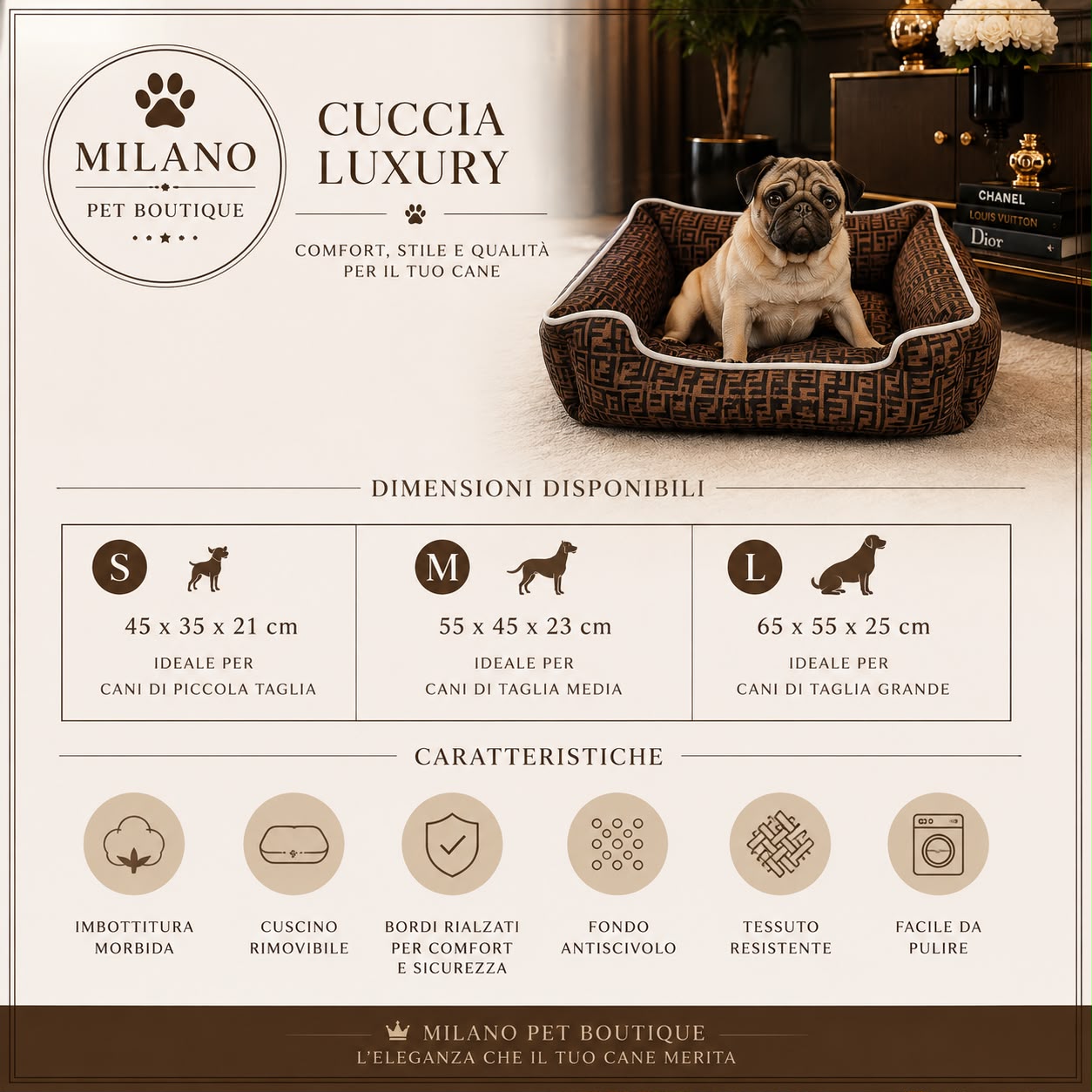 Cuccia Luxury Monogram Marrone per Cani – Letto Premium Morbido e Confortevole