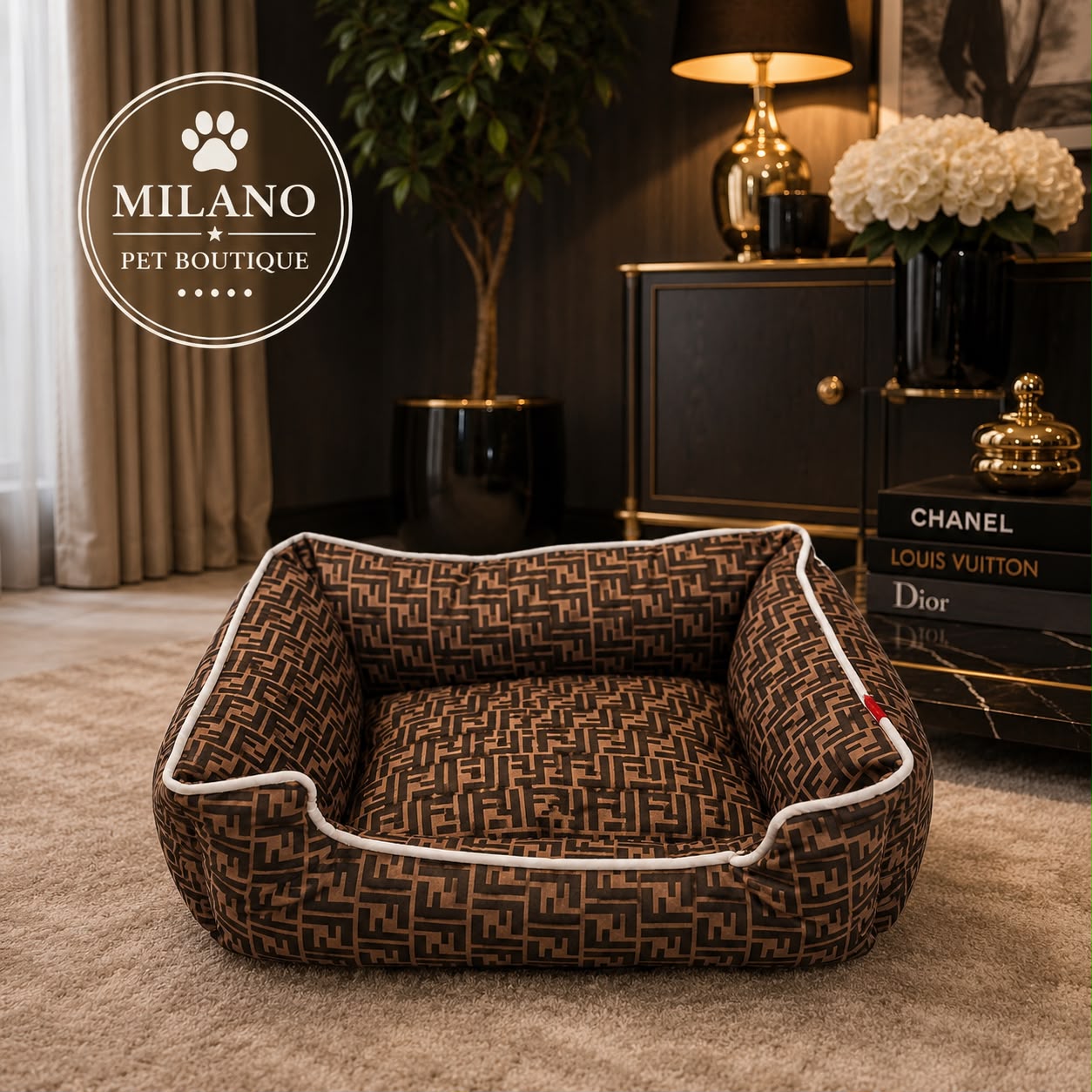 Cuccia Luxury Monogram Marrone per Cani – Letto Premium Morbido e Confortevole